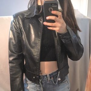 Black Shiny Cropped Leather Jacket
